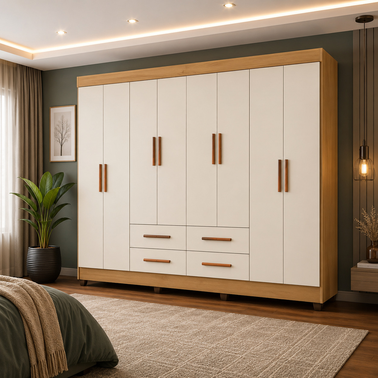 Guarda-roupa branco com gavetas centrais