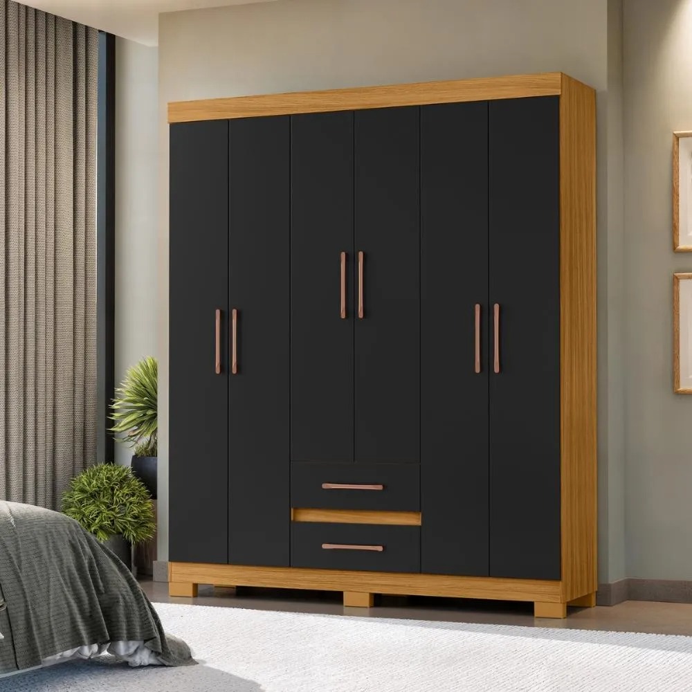 Guarda-roupa preto com acabamento amadeirado